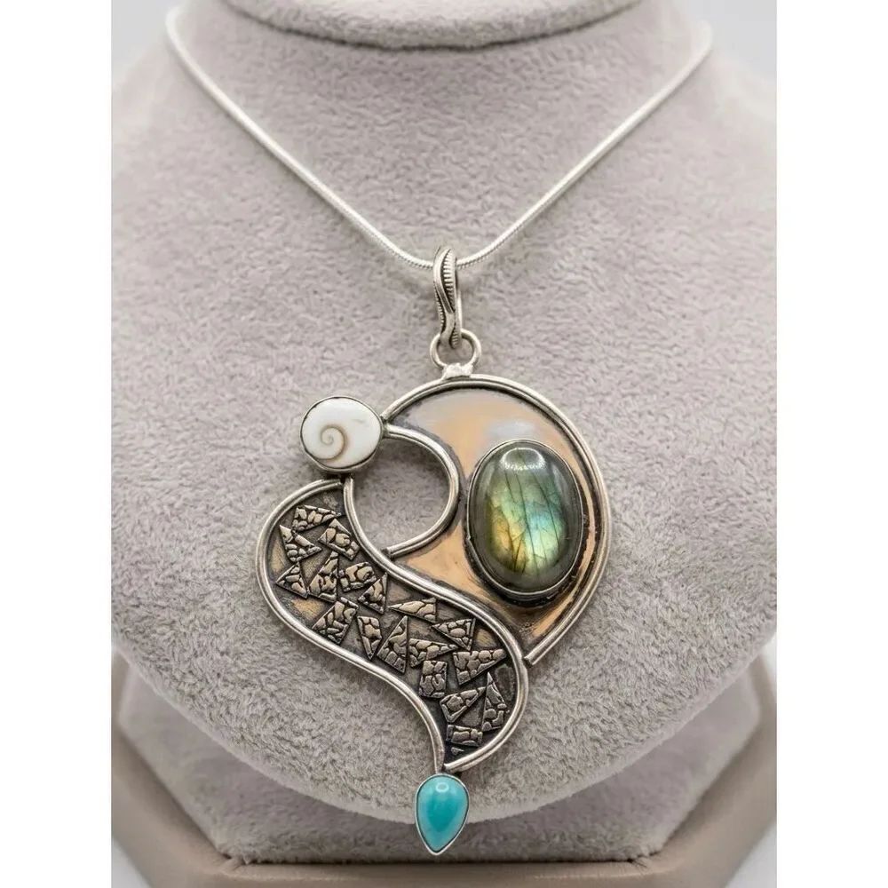 Mixed Stone Pendant Silver Necklace Labradorite, Turquoise, Shiva Eye Shell Boho